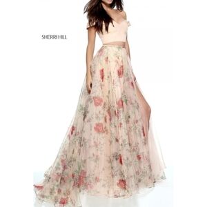 Sherri Hill peach color floral full ruffle skirt